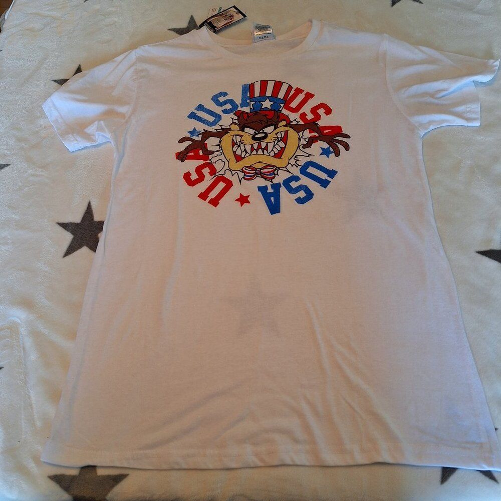Looney Tunes Taz USA Shirt Patriotic Red White‎ Blue Mens Size L Tasmanian Devil